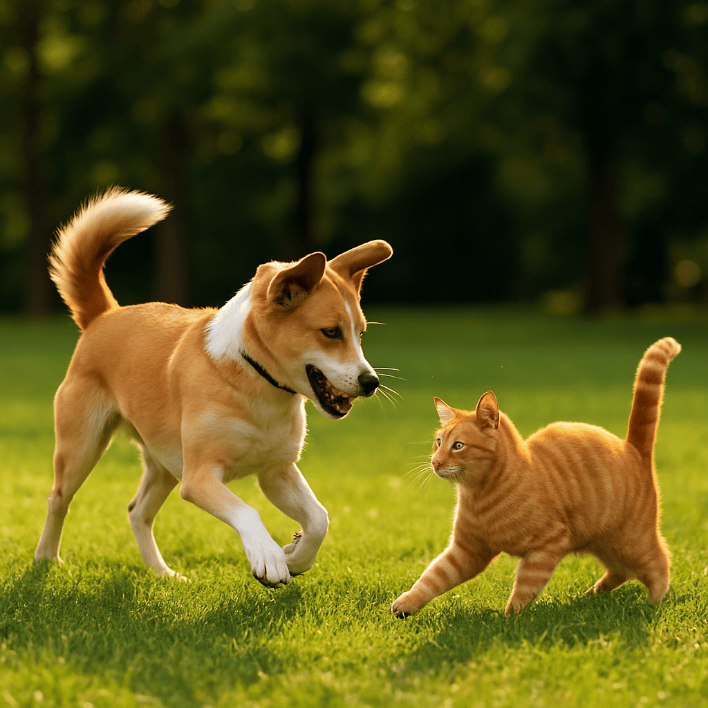 n perro y un gato jugando juntos en el parque, en un entorno natural soleado